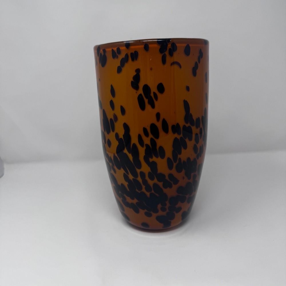 Tortoise Shell Art Glass Vase Amber Black Hand Blown Decorative Cylinder Vessel - Picture 2 of 9